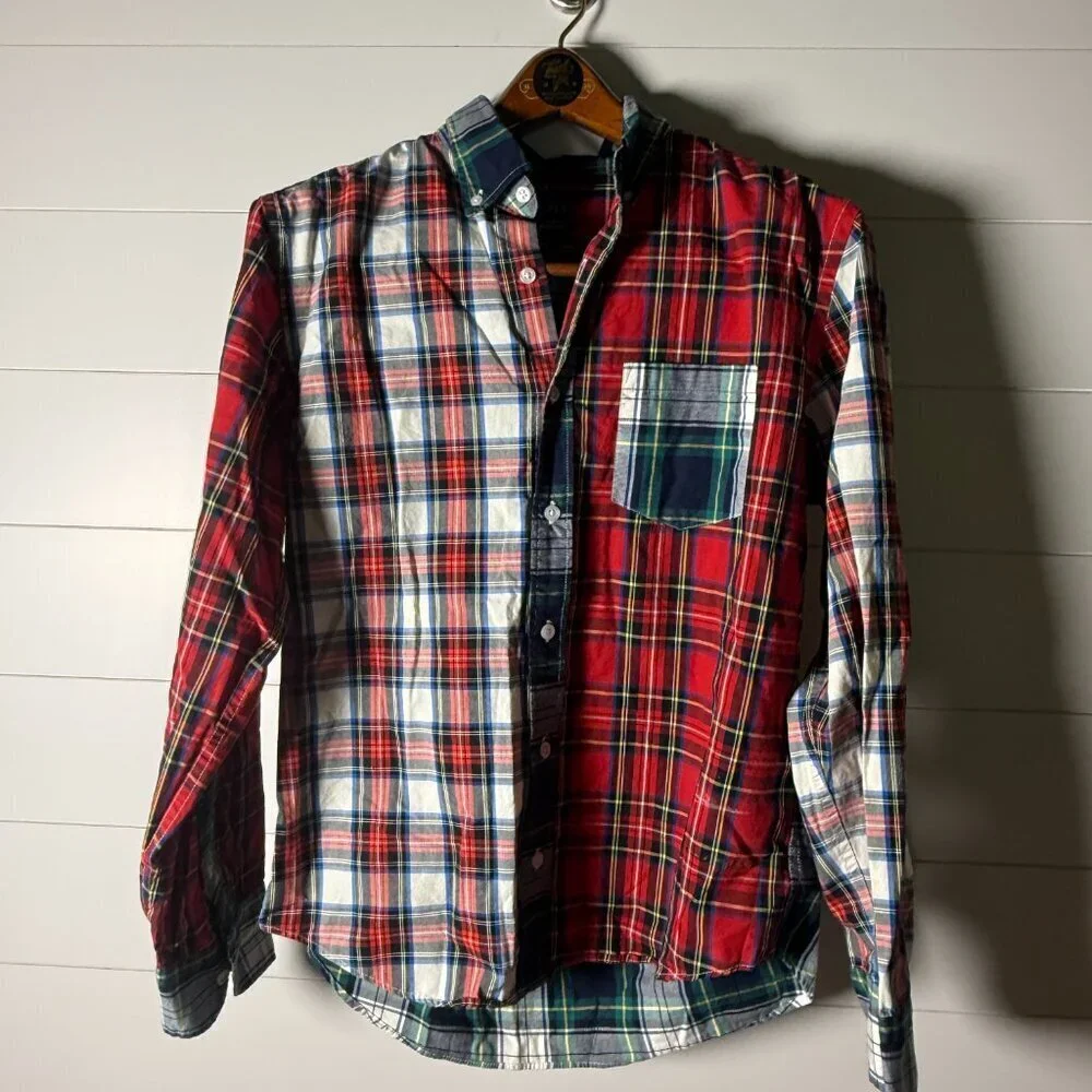 J Crew Re-Imagined Plaid Patchwork Flex Washed Slim Untucked Sz Medium